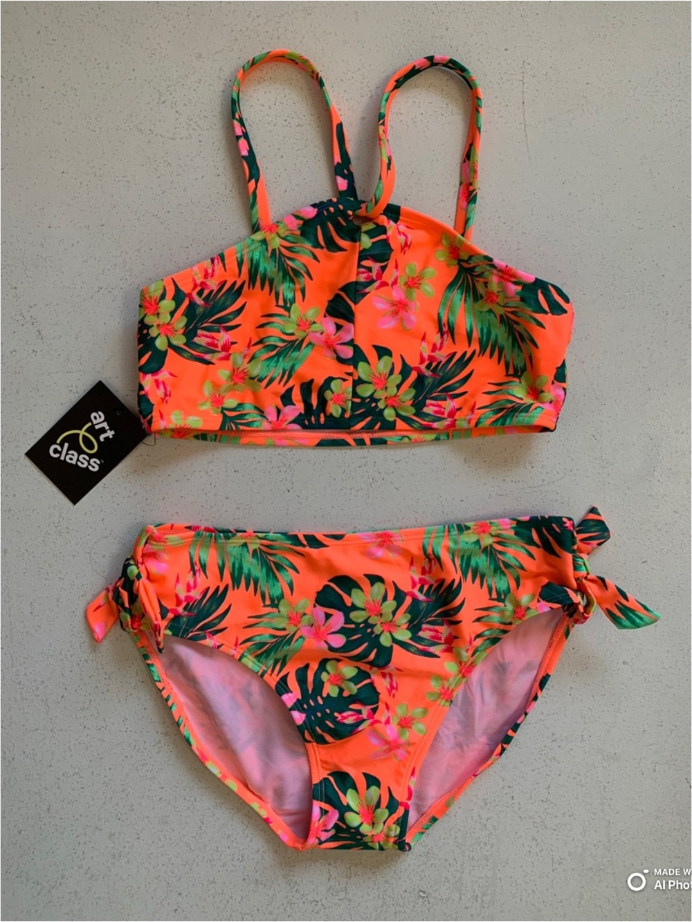Art Class Girls Neon Orange Tropical Floral Bikini Set Size XL NWT Beach